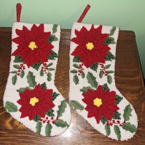 Hook Knit Felt Holly Pom Poinsettia Christmas Stockings Set 2 Botanical Noel